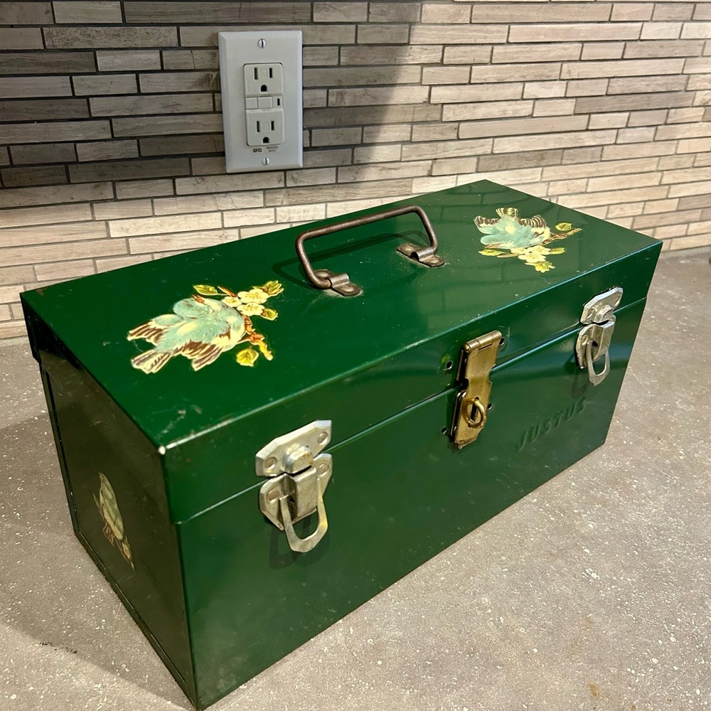 1950s Vintage Justus Green Toolbox w Bird Decal